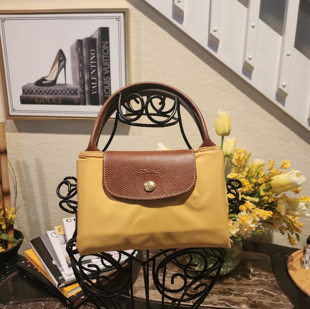 Longchamp Yellow and Brown Le Pliage Top-Handle Bag